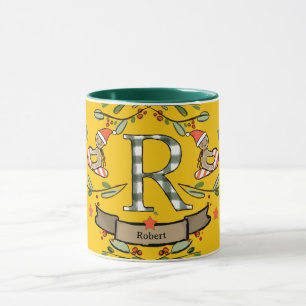 Caneca Monograma "R" de Natal Retro Bonito com nome