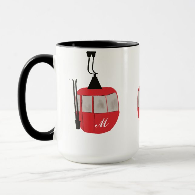 Caneca Monograma Retro Red Ski Gondola Lift Personalizado (Esquerda)