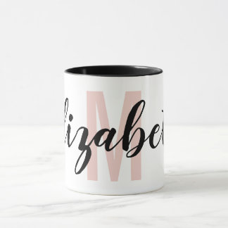 Caneca Monograma Simples de Script de Mão Cor-de-rosa com