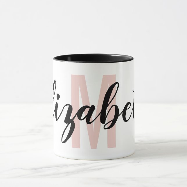 Caneca Monograma Simples de Script de Mão Cor-de-rosa com (Centro)