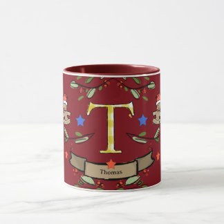Caneca Monograma "T" de Natal Retro Bonito com nome