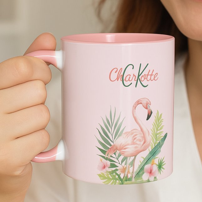 Caneca Monograma tropical de verão rosa flamingo (Criador carregado)