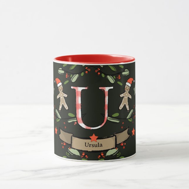 Caneca Monograma "U" de Natal Retro Bonito com o nome (Centro)