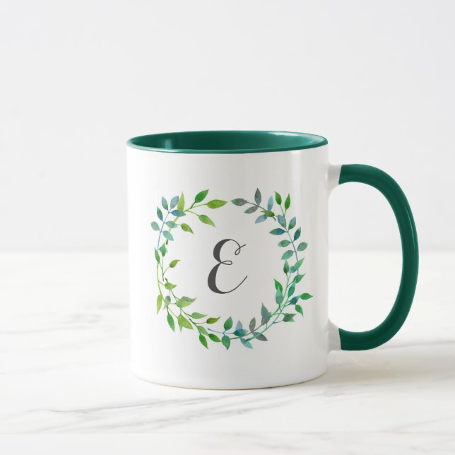 Caneca Monograma verde da grinalda | da folha da aguarela (Direita)
