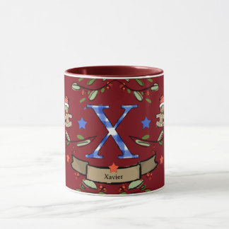 Caneca Monograma "X" de Natal Retro Bonito com o nome