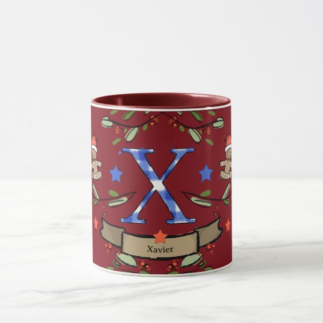 Caneca Monograma "X" de Natal Retro Bonito com o nome (Centro)