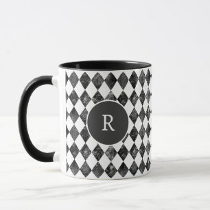 Caneca monograma xadrez preto e branco vintage