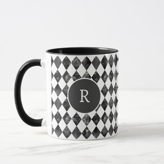 Caneca monograma xadrez preto e branco vintage (Esquerda)