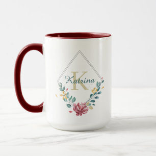 Caneca Monogramada com Florais em Aquarela