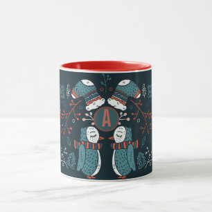 Caneca Monogramas Art Natal Azul Coruja Árvores