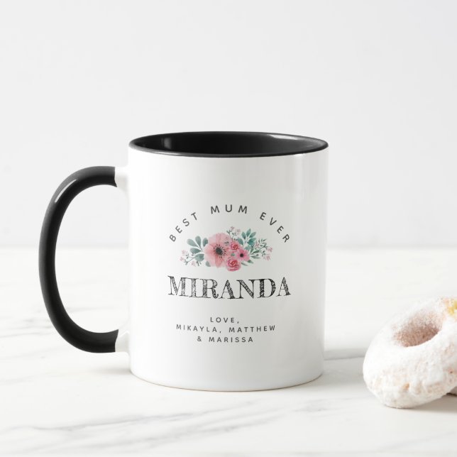 Caneca Monogramas personalizados - Melhor Mãe, Flores Ros (Com Donut)