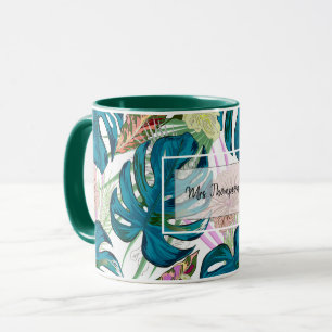 Caneca Monstera de turquesa escura, pêssego delicado e a