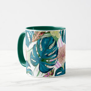 Caneca Monstera turquesa escuro, pêssego delicado e amare