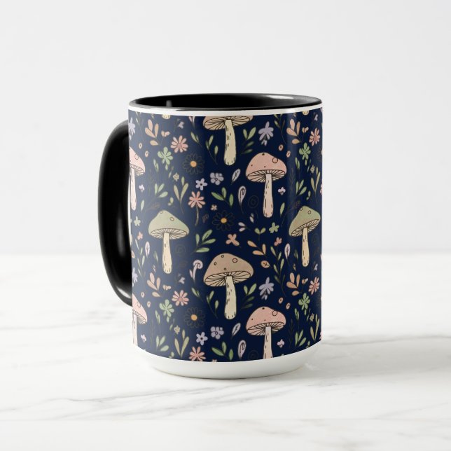 Caneca Moody Dark Navy Fungi Seamless Pattern (Frente Esquerda)