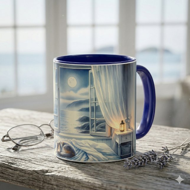 Caneca Moonlit Coastal Bedroom with Sleeping Cat (Moonlit Coastal Bedroom with Sleeping Cat Mug)
