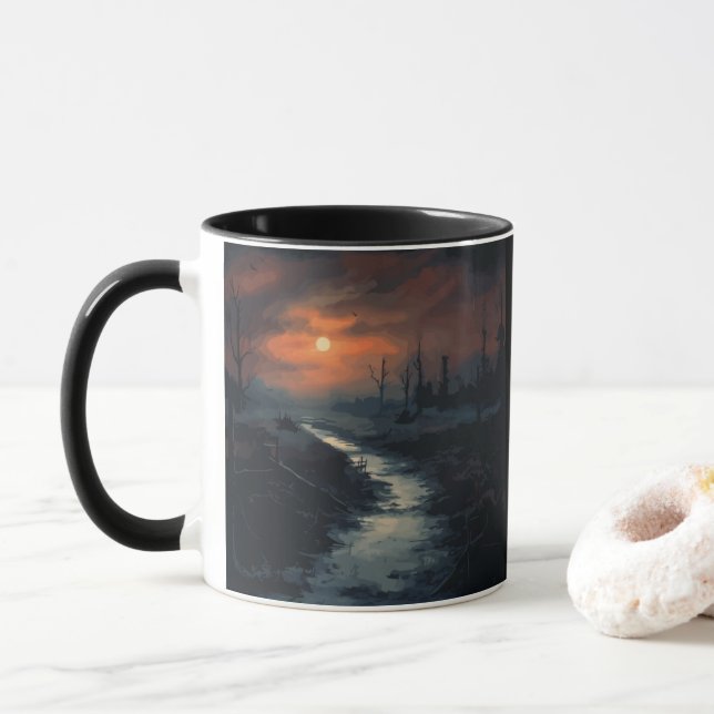 Caneca Moonlit Menace: A Floresta Negra Assombrada em Dus (Com Donut)