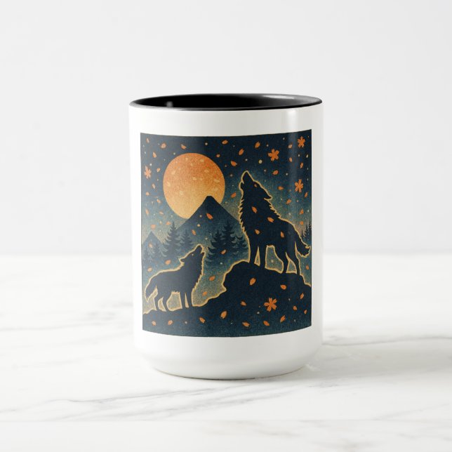 Caneca Moonlit Wolves & Mount Fuji – Japanese Night Art  (Centro)