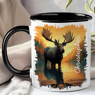 Caneca Moose na Reflexão do Lago de Outono