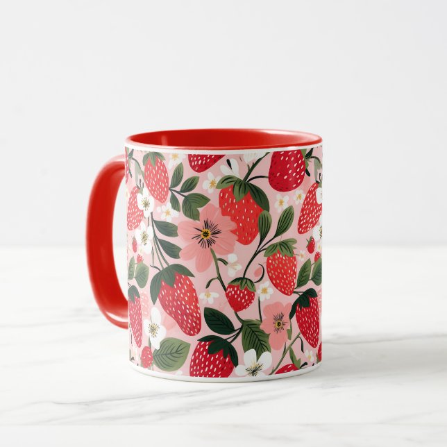 Caneca Morango de Verão e Flor Vibrante (Frente Esquerda)