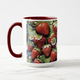Caneca Morangos Frescos Colhidos e Flores Brancas
