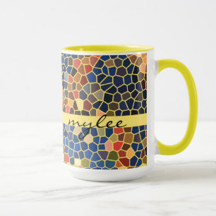 Caneca Mosaico Funky abstrato amarelo alaranjado azul