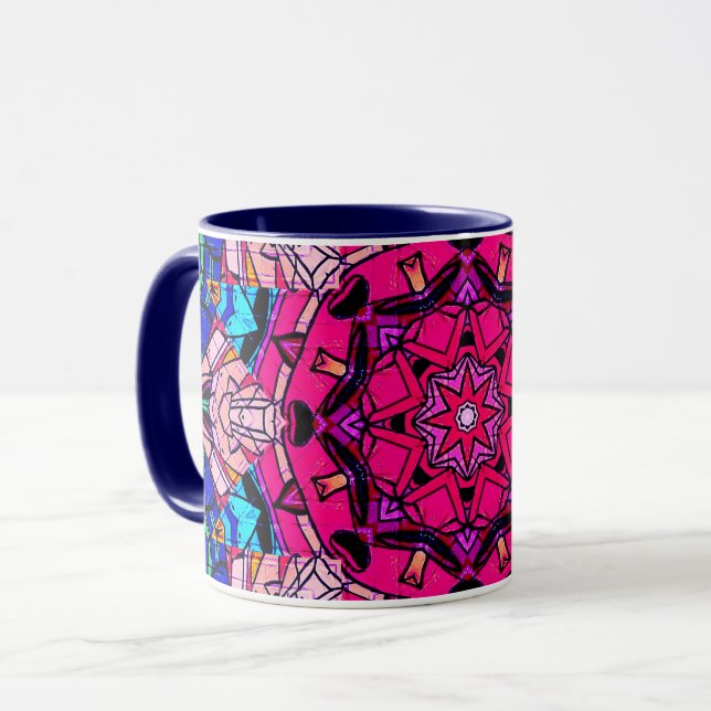 Caneca Mosaico Rosa Mandala Floral Psicélico Retro (Frente Esquerda)