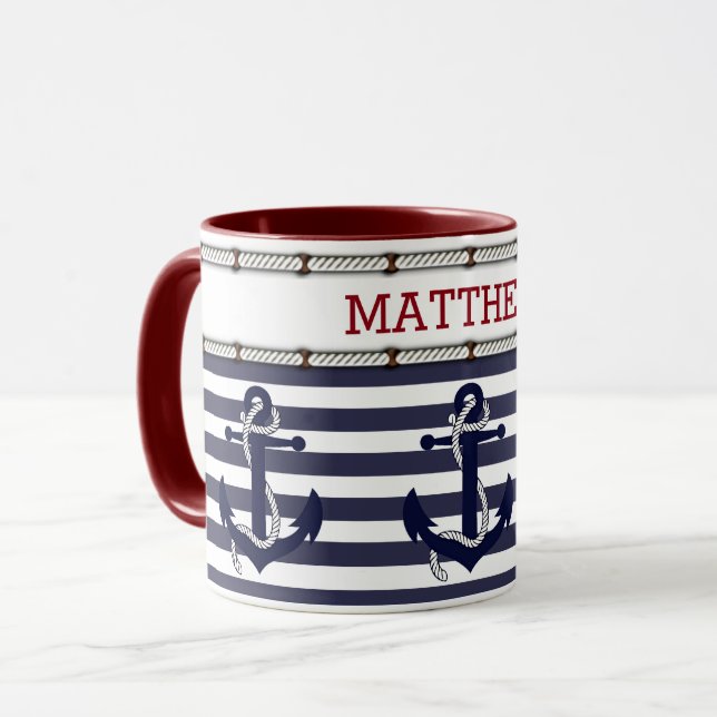 Caneca Motif de Âncora Náutica Clássica de Texto Personal (Frente Esquerda)