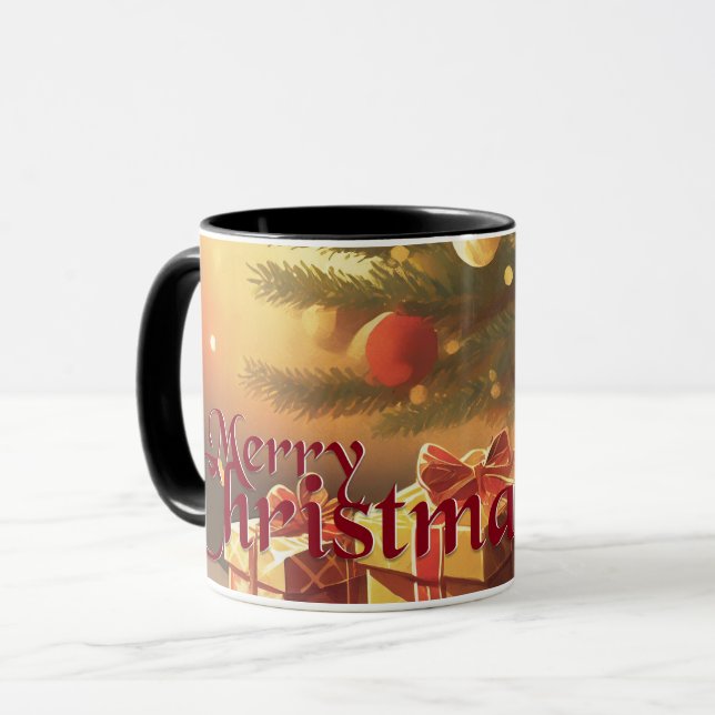 Caneca Motivo de Natal, com Presentes sob a Árvore de Nat (Frente Esquerda)