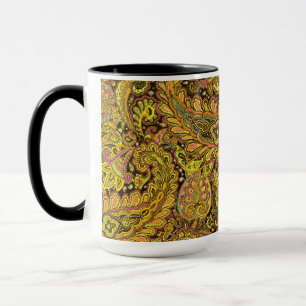 Caneca Motivo Paisley em Amarelo, Marrom sobre Fundo Pret
