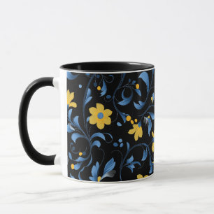 Caneca motivos de arte ucraniano azul e amarelo