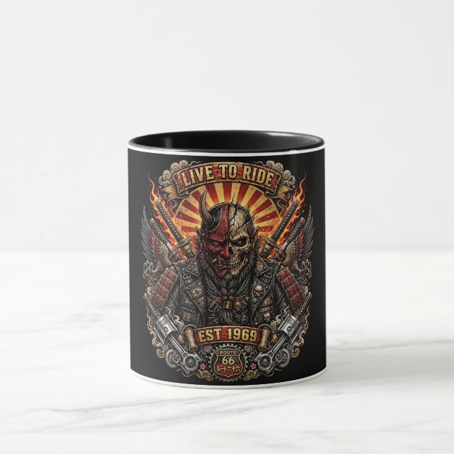 Caneca Motoqueiro Samurai Oni, Viva para Pedalar Est 1969 (Centro)