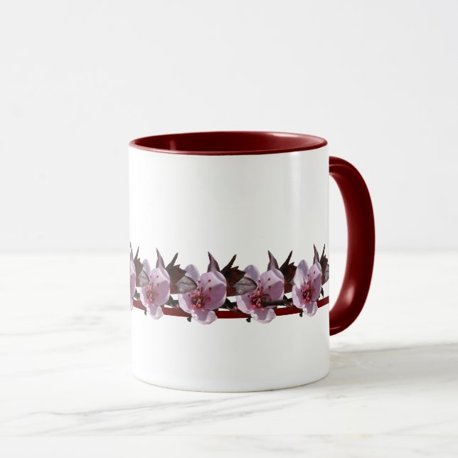 Caneca Mug - Blossomas de ameixa na Linha Maroon (Frente Esquerda)