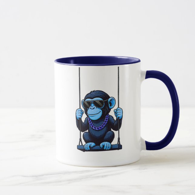 Caneca Mug cartoon stylisé singe bleu cool sur balançoire (Direita)