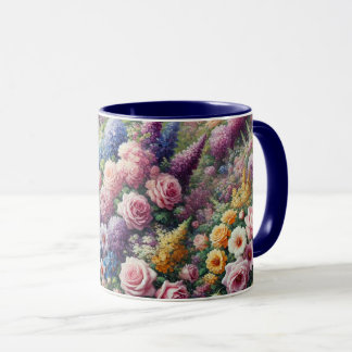Caneca Mug com flores púrpura, rosa e amarelas