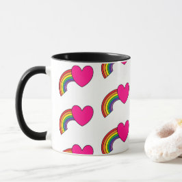 Caneca Mug de café com arco-íris e corações cor-de-rosa q