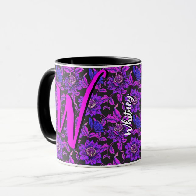 Caneca Mug de café Floral Preto com Flores Púrpuras Rosa (Frente Esquerda)