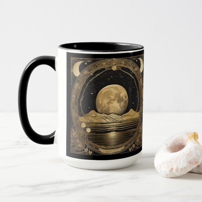 Caneca Mug De Café - Lua Ouro Sobre Água Pacífica (Com Donut)