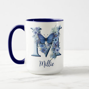 Caneca Mug De Café, Monograma, Azul Floral, De 15 Oz