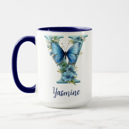 Caneca Mug De Café, Monograma, Azul Floral, De 15 Oz