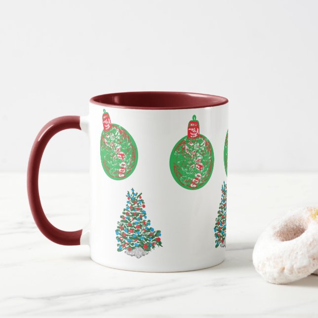 Caneca Mug: Enfeites de natal e árvores de Natal (Com Donut)