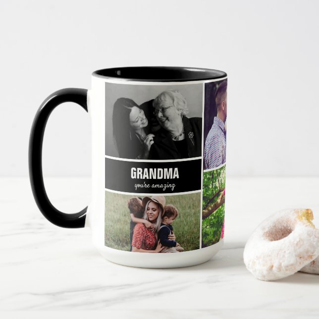 Caneca Mug for Grandma Family Photo Collage Personalizado (Com Donut)