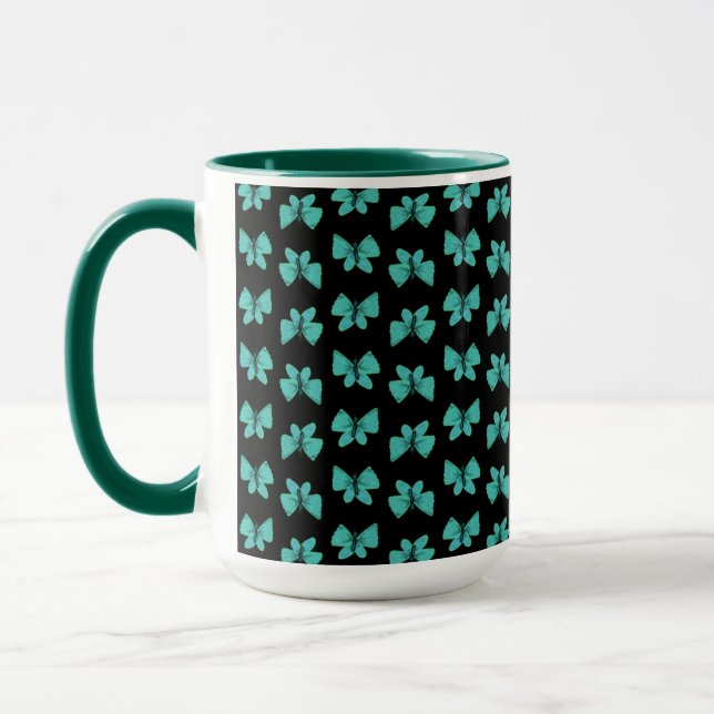 Caneca MUG Jimette Desenho borboleta turquesa sobre preto (Esquerda)