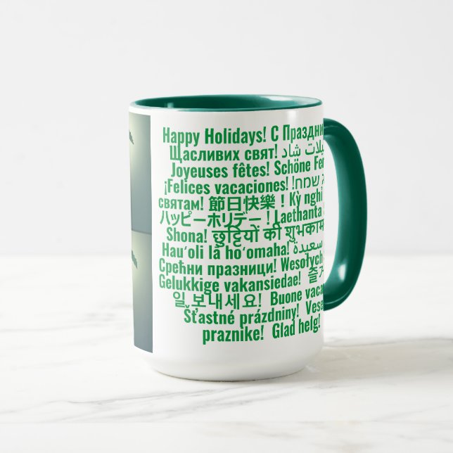 Caneca Mug Modelo com as suas imagens e a sua saudação (Frente Esquerda)