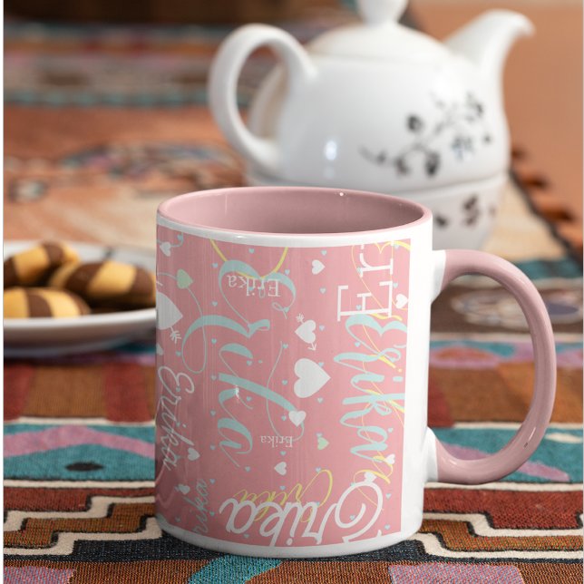 Caneca Mug Rosa Com Seu Nome E Corações Românticos (Criador carregado)