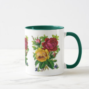 Caneca Mug Vintage Floral Yellow Rosa vermelha Verde