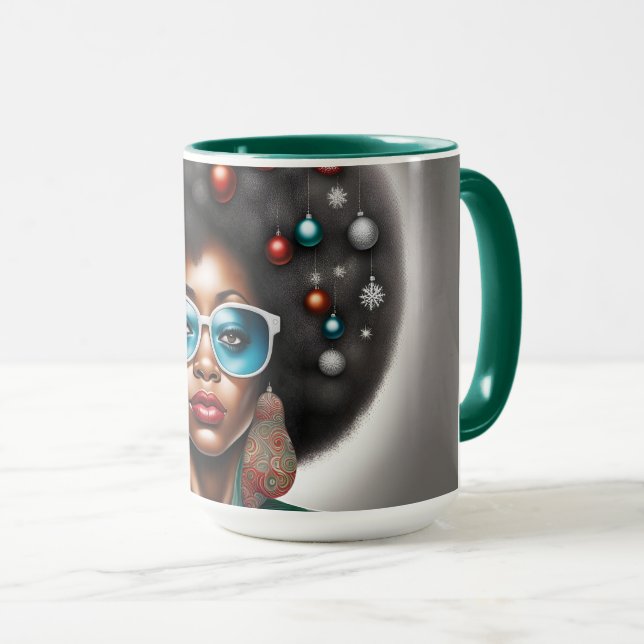 Caneca Mulher afro elegante e bizarra clima de feriado  (Frente Esquerda)