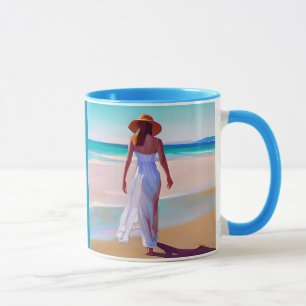 Caneca Mulher de branco na praia