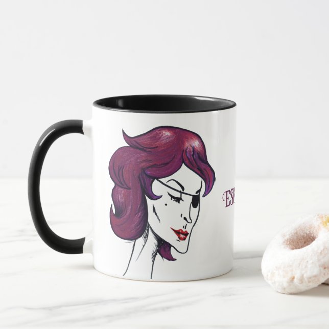 Caneca Mulher de Cabelo Roxo Pirata Violeta Desenho Arte (Com Donut)