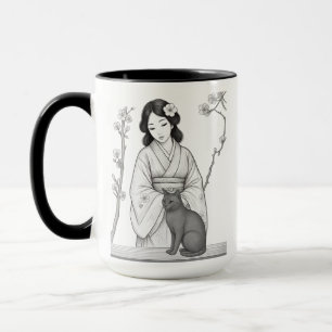 Caneca Mulher Japonesa com Gato Preto