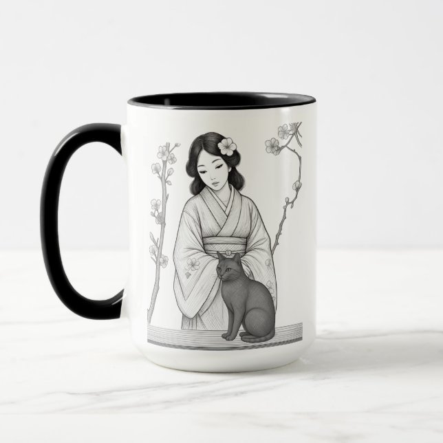Caneca Mulher Japonesa com Gato Preto (Esquerda)